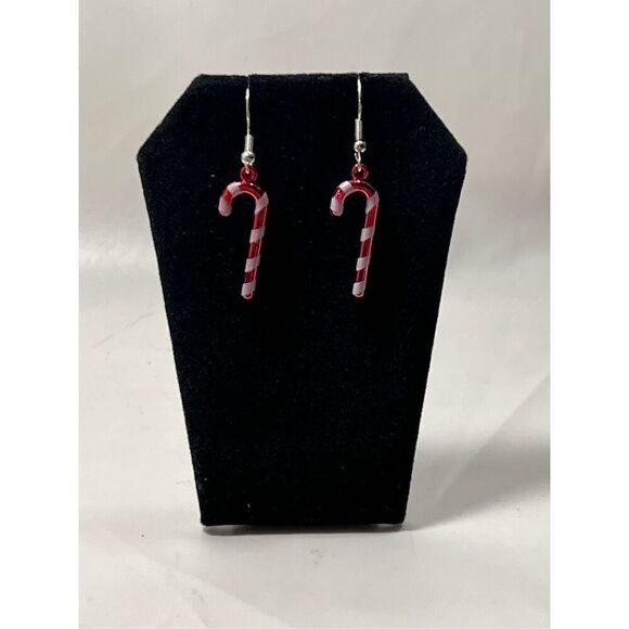 Candy Cane Christmas Inspired Silver in Color Fish Hook Stud Earrings - Picture 1 of 3